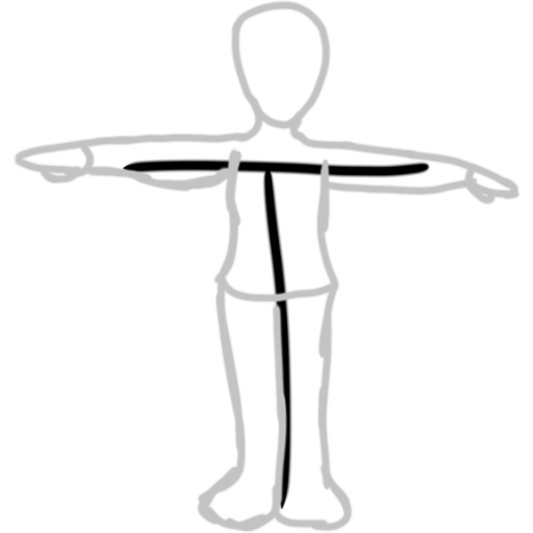 A grey outlined formless figure with translucent white insides with their arms outstretched and legs close together. Inside the figure is a black uppercase "T", the grey outlines of the figures features overlapping.